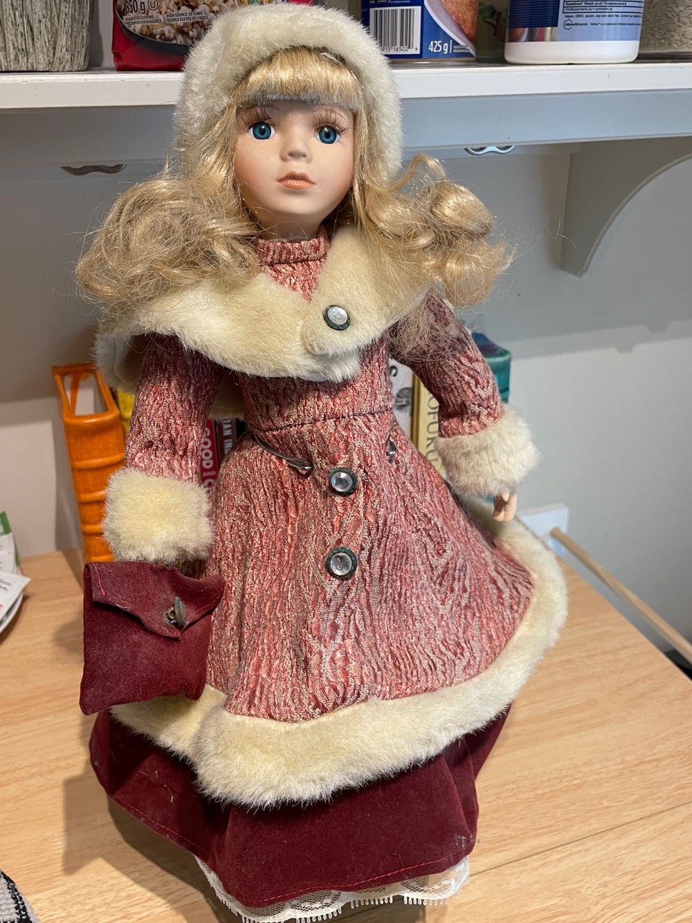 Winter Porcelain Doll with Stand- early 2000s